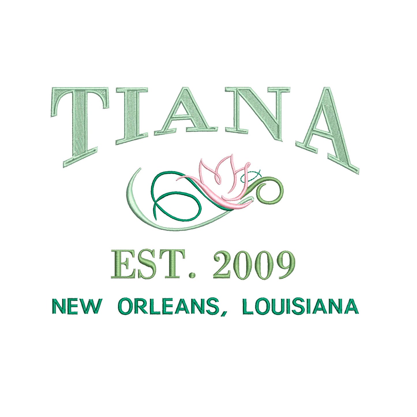 Princess Tiana Logo Machine Embroidery. Established 2009.