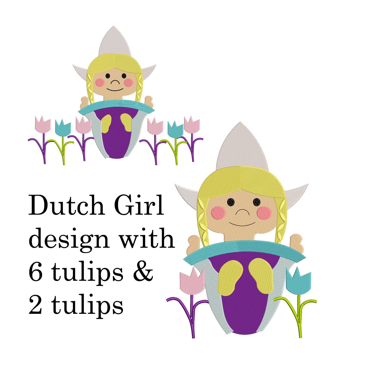 Dancing Dutch Girl Dolls Machine Embroidery.  Complete with Hat Size! Promo Pricing.